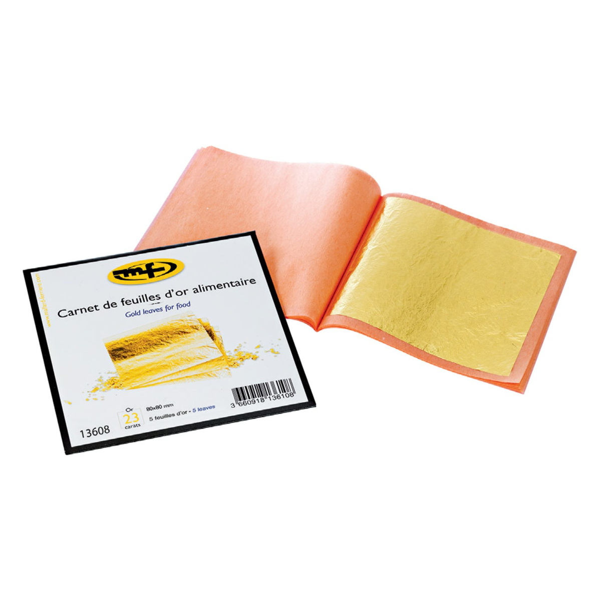 Carnet de 5 feuilles d’or alimentaire 23 carats pour décoration de gâteaux, pâtisseries et desserts
