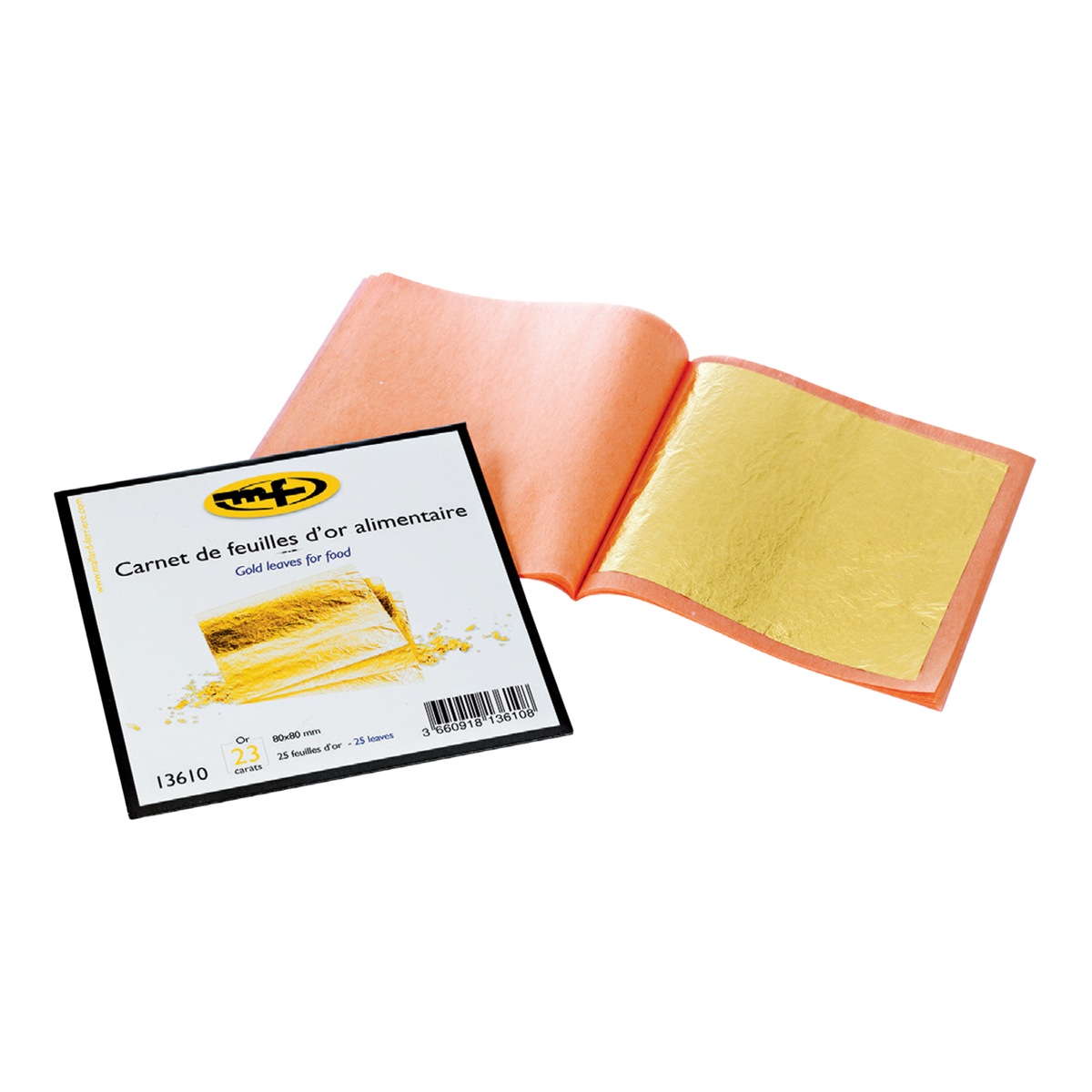 Carnet de 25 feuilles d’or alimentaire 23 carats pour décoration de gâteaux, pâtisseries et desserts
