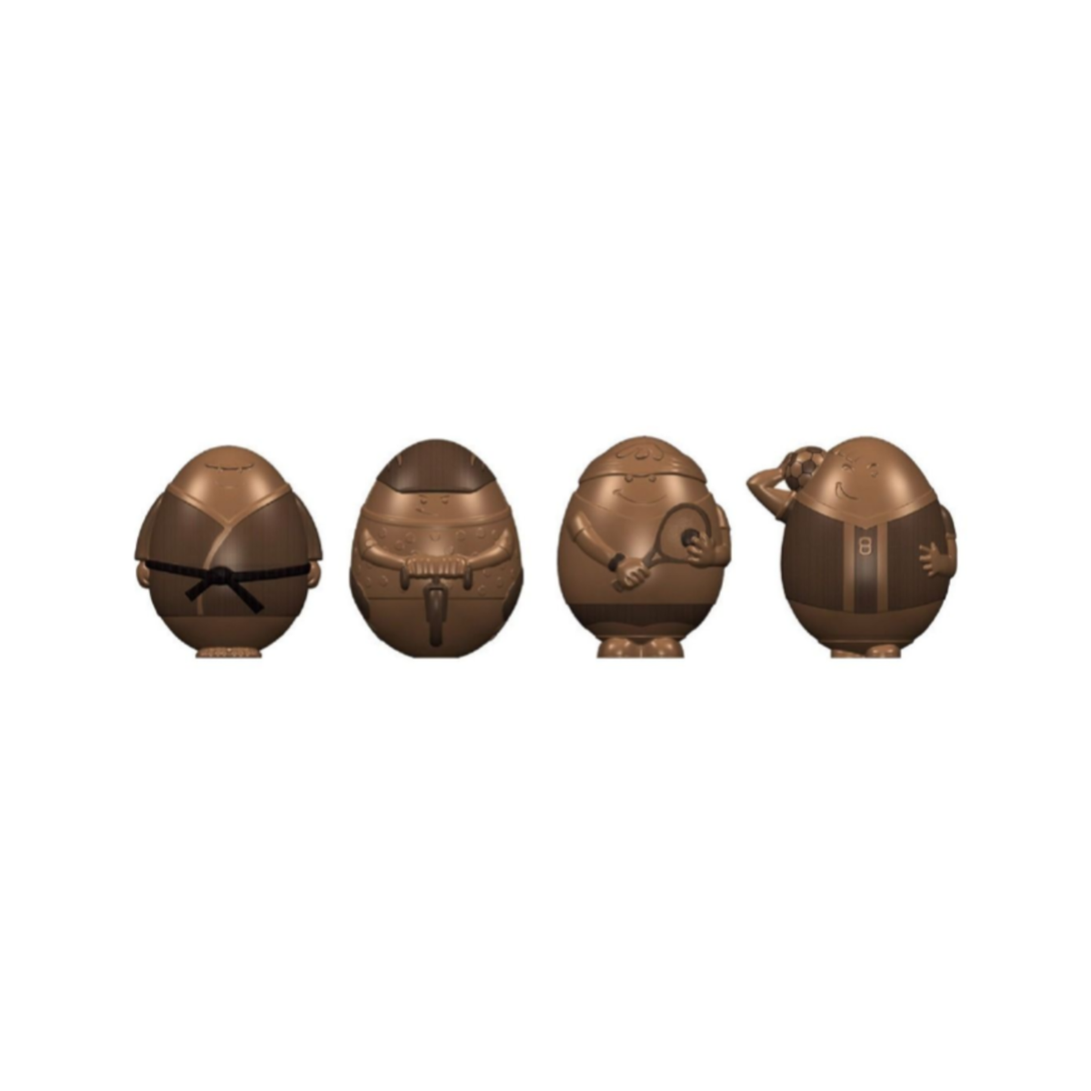 Œufs en chocolat personnages sportifs avec décors en relief