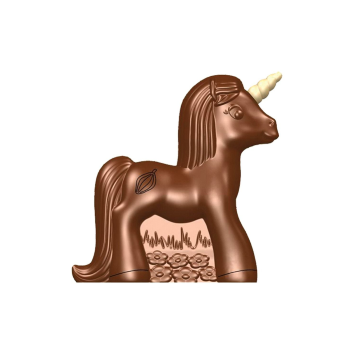 Licorne en chocolat avec corne blanche et décors en relief