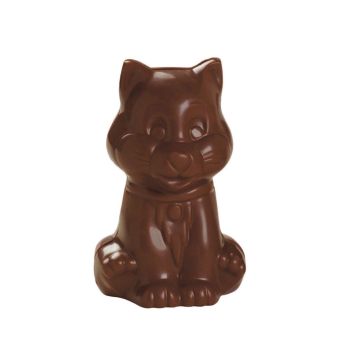 Chat en chocolat assis avec collier et détails en relief