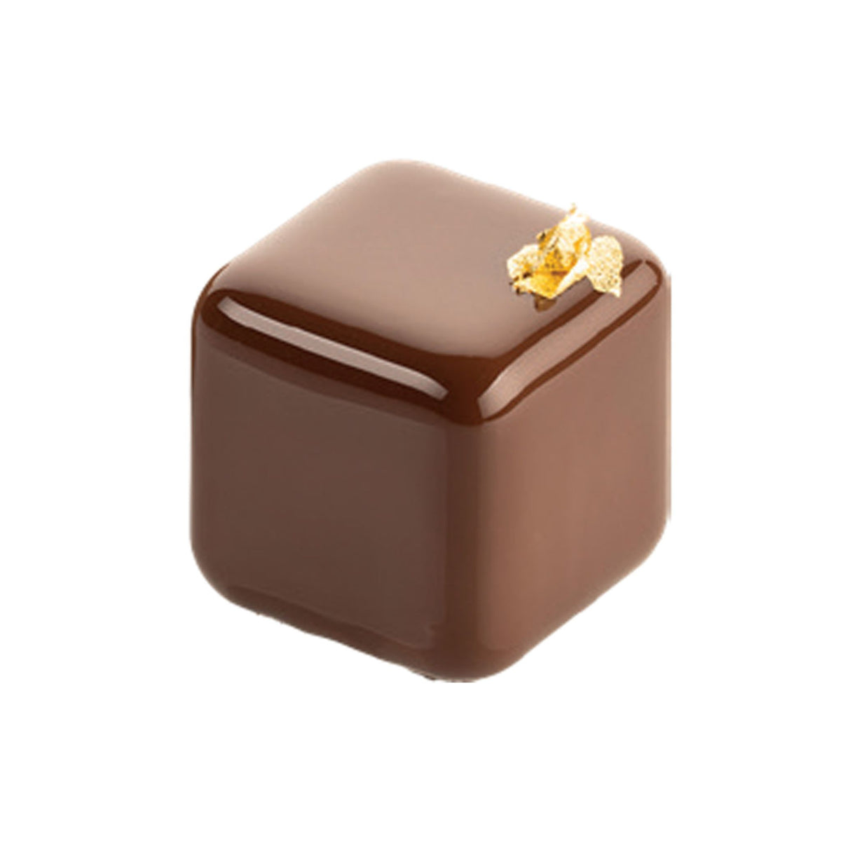 Entremets individuel carré au chocolat avec glaçage miroir et feuille d’or