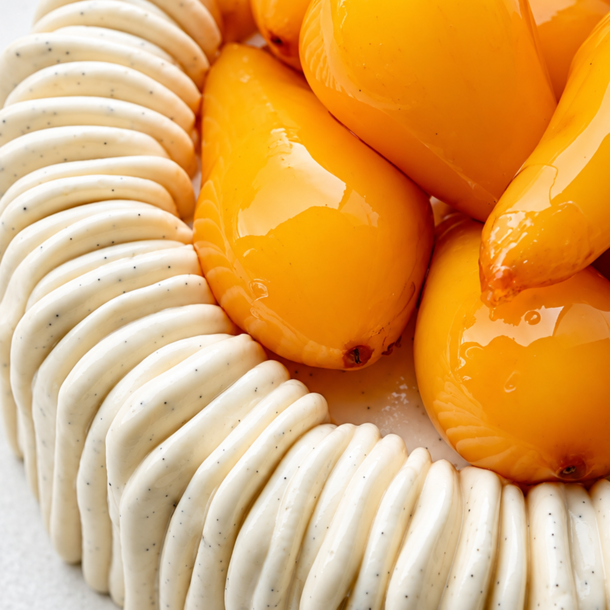 Gros plan sur les reliefs de l’entremets Cédric Grolet, finition crème vanillée et fruits jaunes glacés