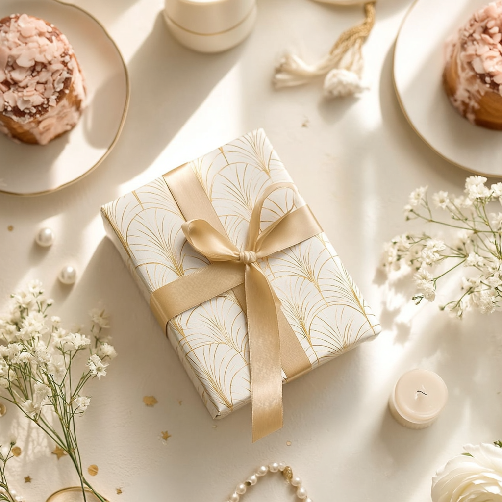Cadeau élégant emballé avec ruban doré, entouré de fleurs blanches et de pâtisseries