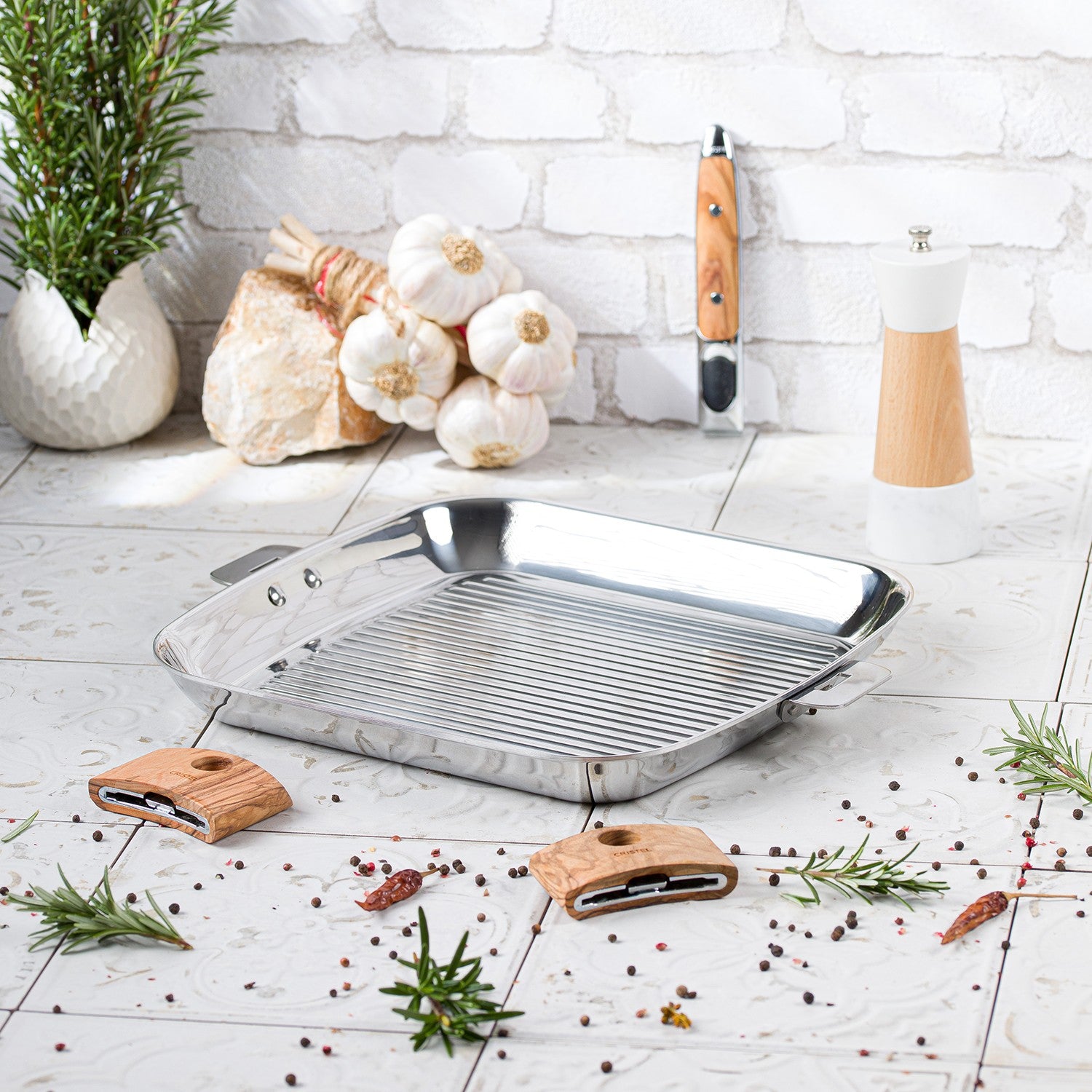 Cristel - Gril carré inox Casteline 30cm poignée amovible